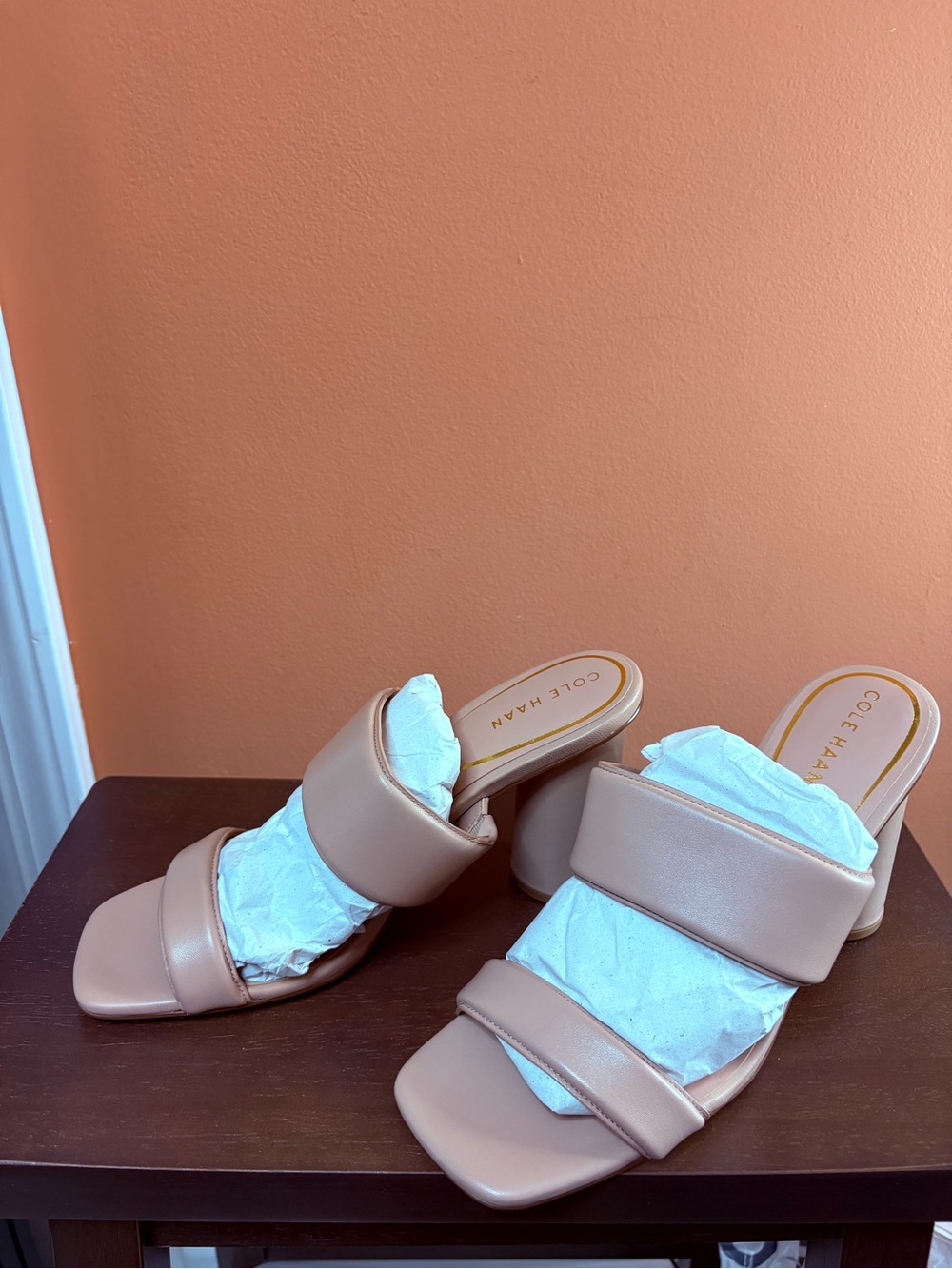 Cole Haan Nude Tan Double-Strap Block Heel Mules